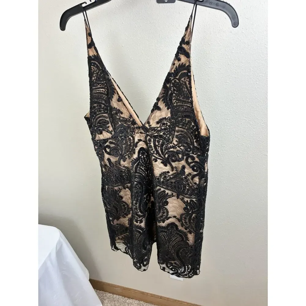 Free People Night Shimmers Sequin Mini Dress - Black Lace & Nude Slip Size 8